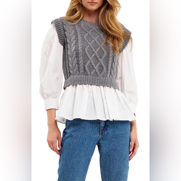 Gray Layered Cable Knit Mixed Vest Top - Picture 4 of 6